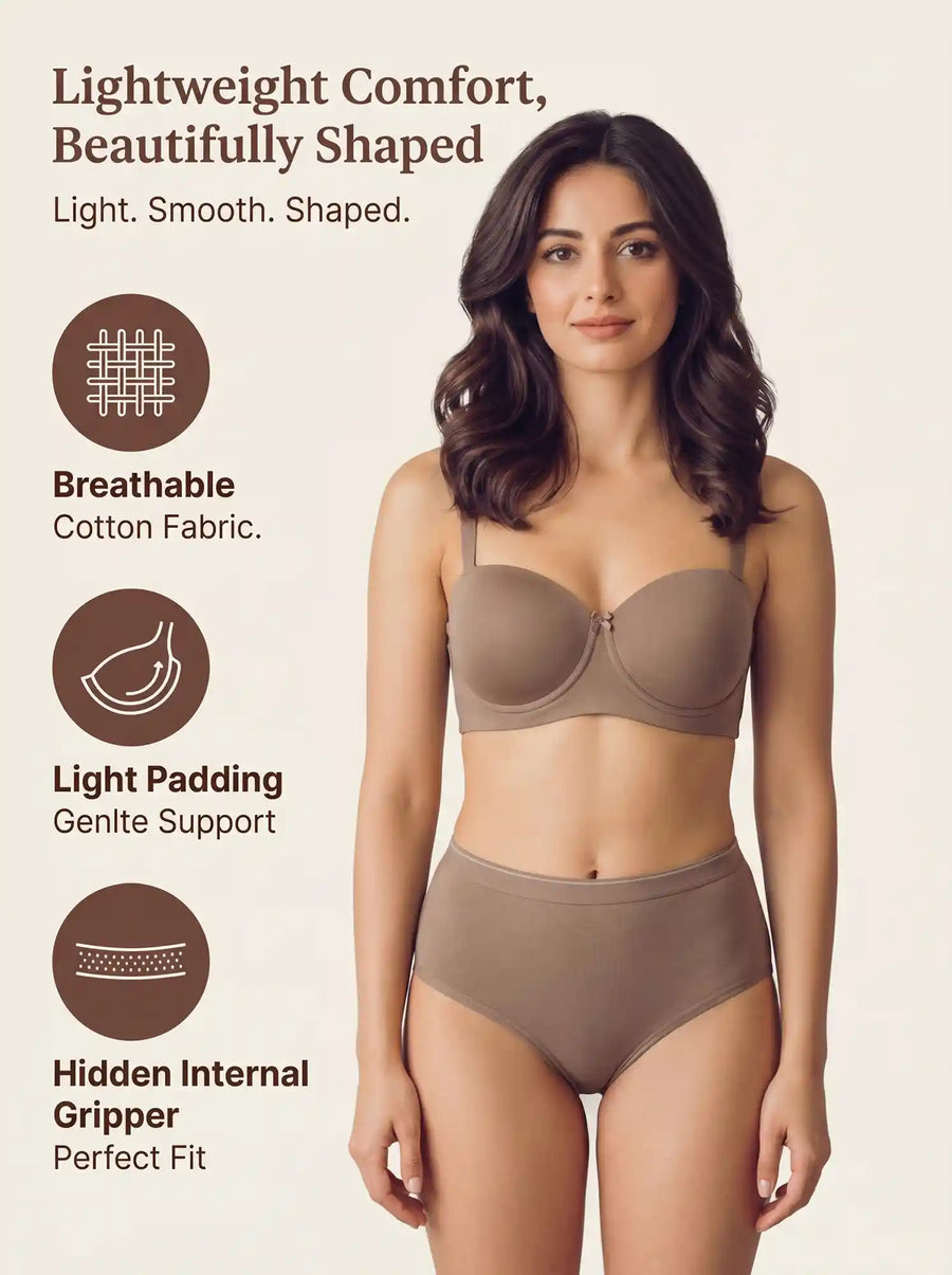 Cotton Padded Demi-Cup Bonded Bra & Mid Rise Flexifit Hipster Panty Lingerie Set (TW-SB-91012&63)(Fawn)