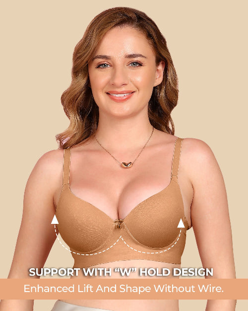 Woman wearing a beige bra with text highlighting support features on a beige background