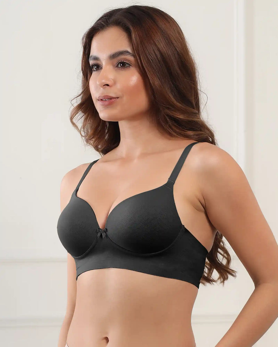 Cotton Non-wired Maximiser Push-Up Bonded Bra (Level-2 Padding) with 3/4th Coverage (SB-97015) (Black) (GB)