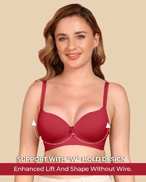 Woman wearing a red bra with text highlighting support features on a beige background
