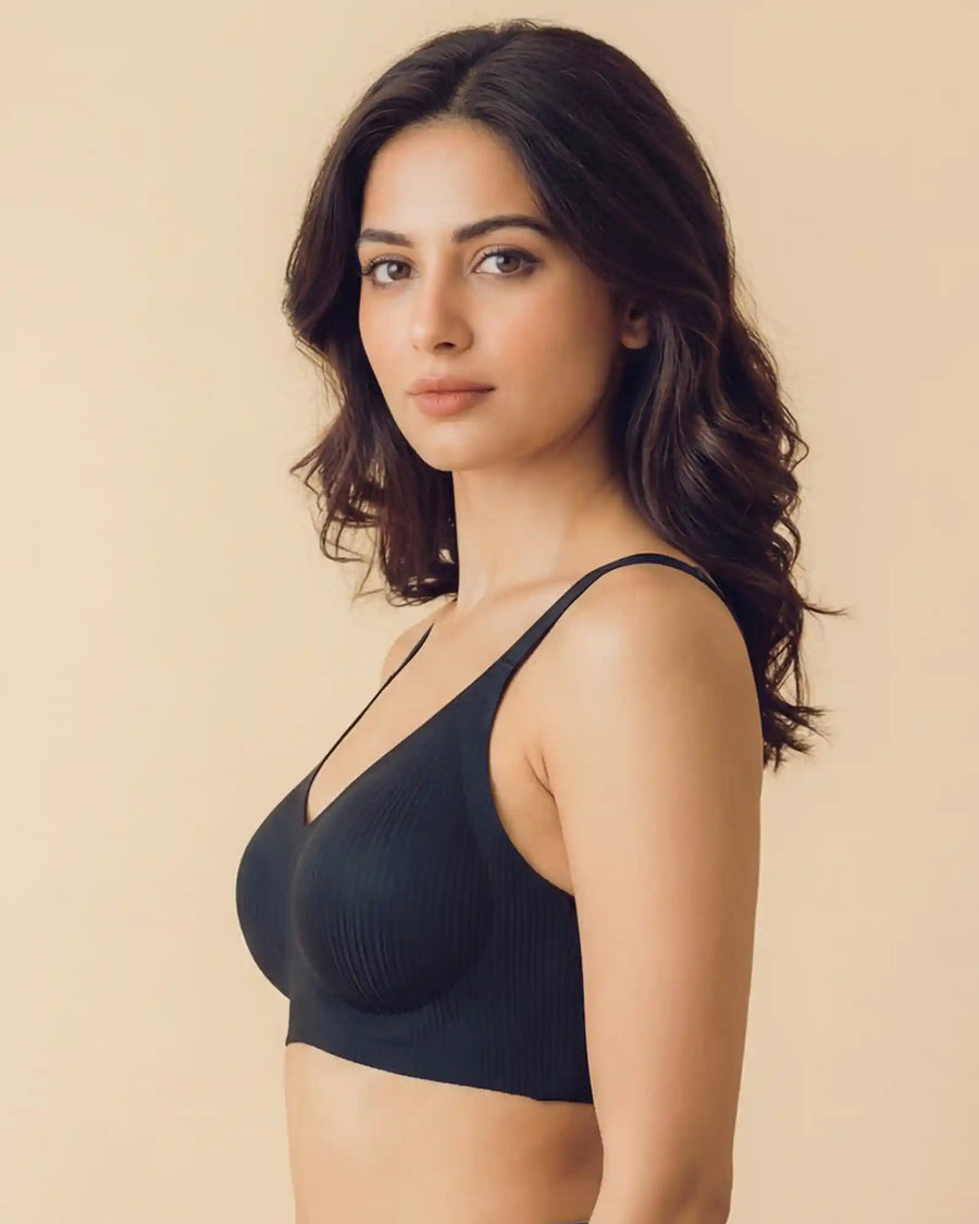 Ribbed Polyamide Padded Bonded Bra (SB-998)(Black)