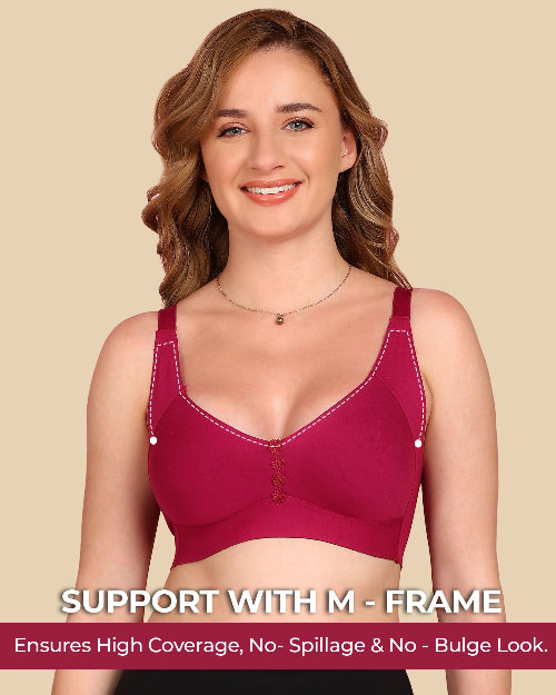 Woman wearing a pink bra with text on a beige background