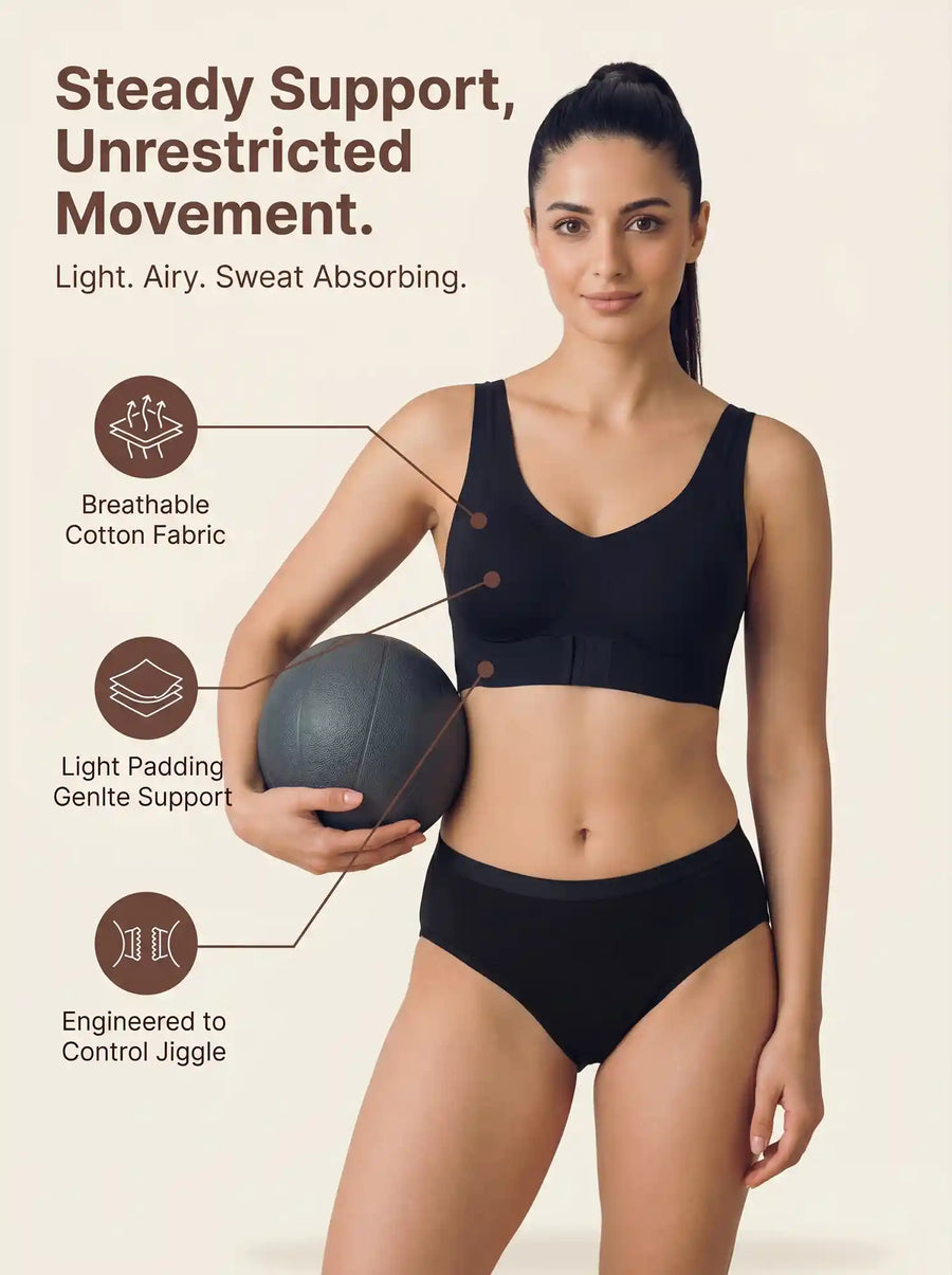Cotton Padded Bonded Gym Bra | Crisscross Back | Mid Rise Flexifit Hipster Panty Lingerie Set (TW-SB-997+63)(Black)