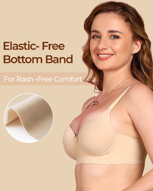 Woman wearing a beige bra with 'Elastic-Free Bottom Band' text and inset on a beige background