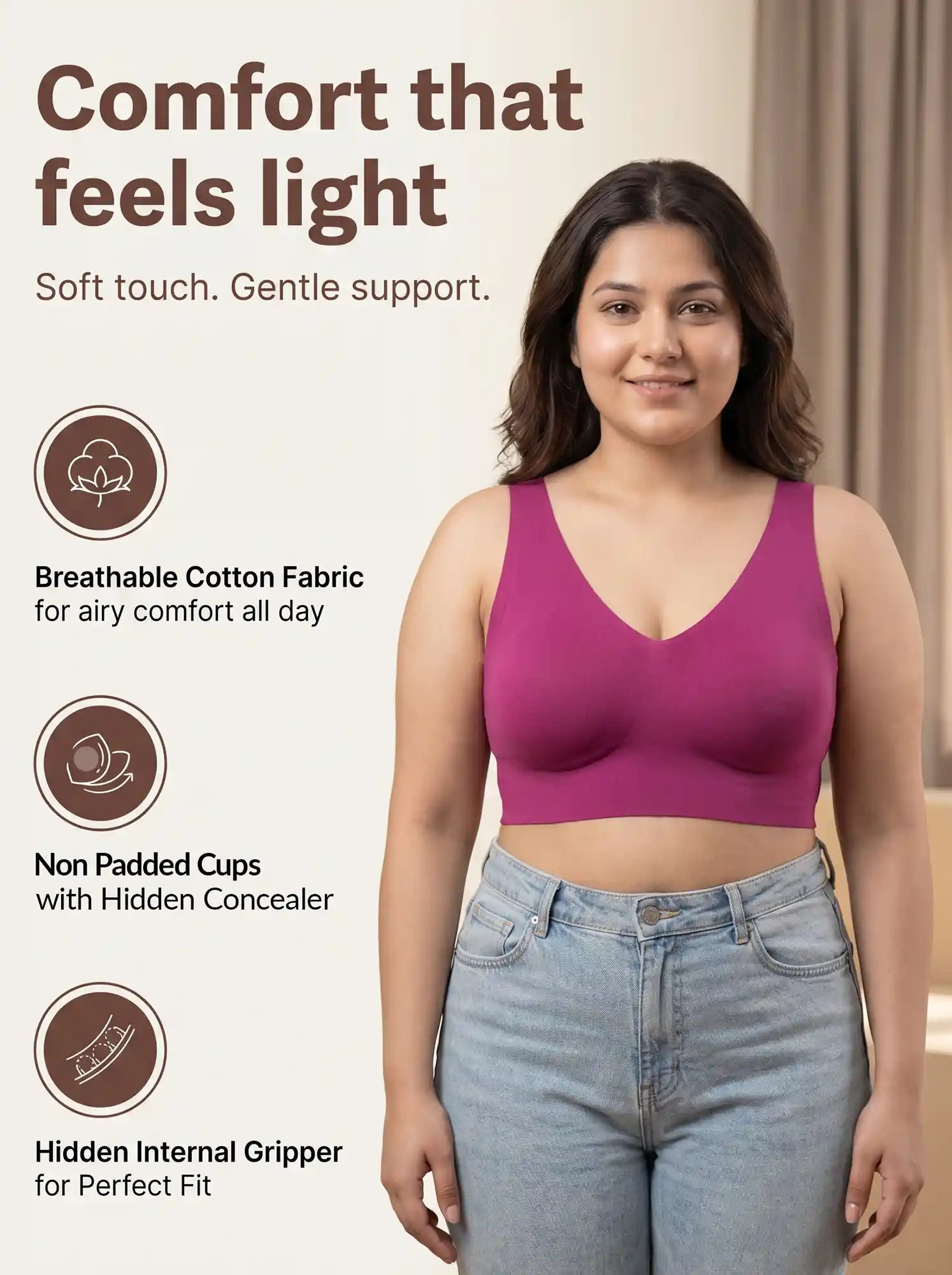 Cotton Non-Padded Plus-Size Bonded Bra with Hidden Concealer (SB-915-Wine)