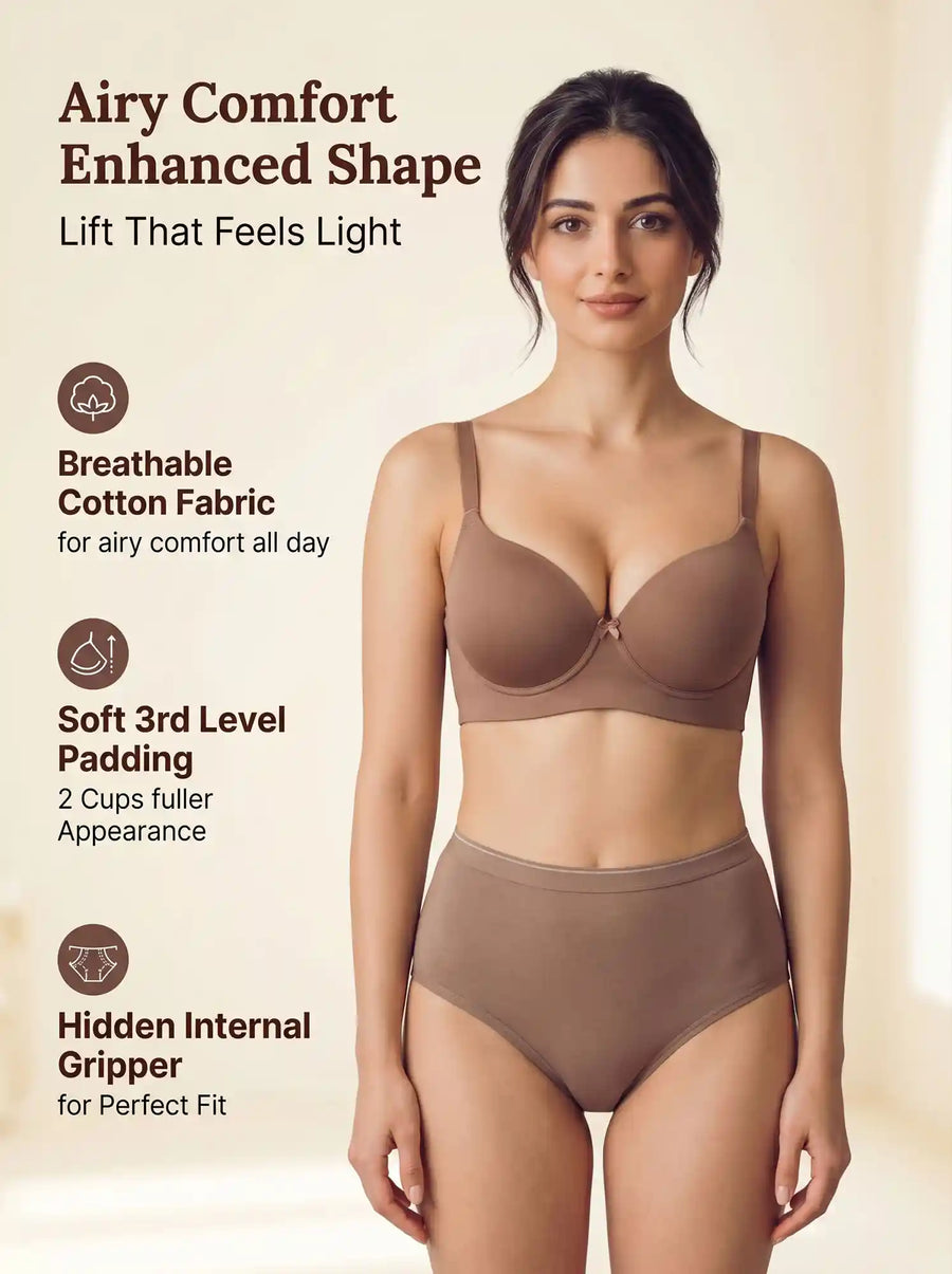 Cotton Push-Up Bonded Bra (Level-3 Padding) 3/4th Coverage & Mid Rise Flexifit Hipster Panty Lingerie Set  (TW-93510&63) (Fawn)