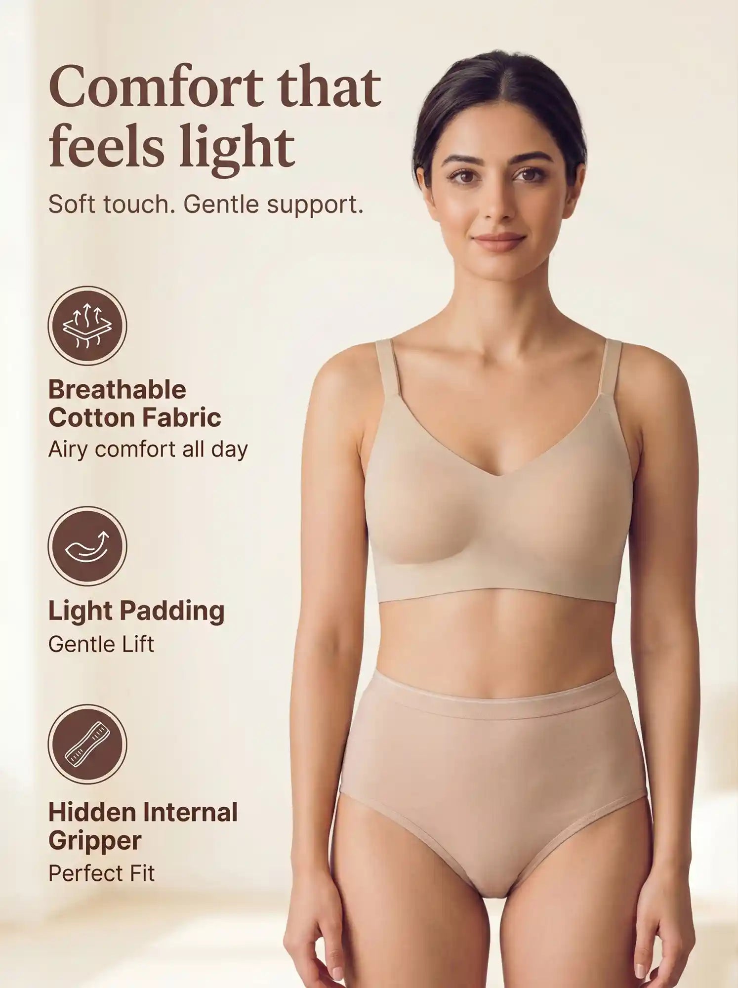 Cotton Lingerie Set | Full Coverage Padded Bonded Bra | Hipster Mid-Rise Panty(38&63)(Skin)