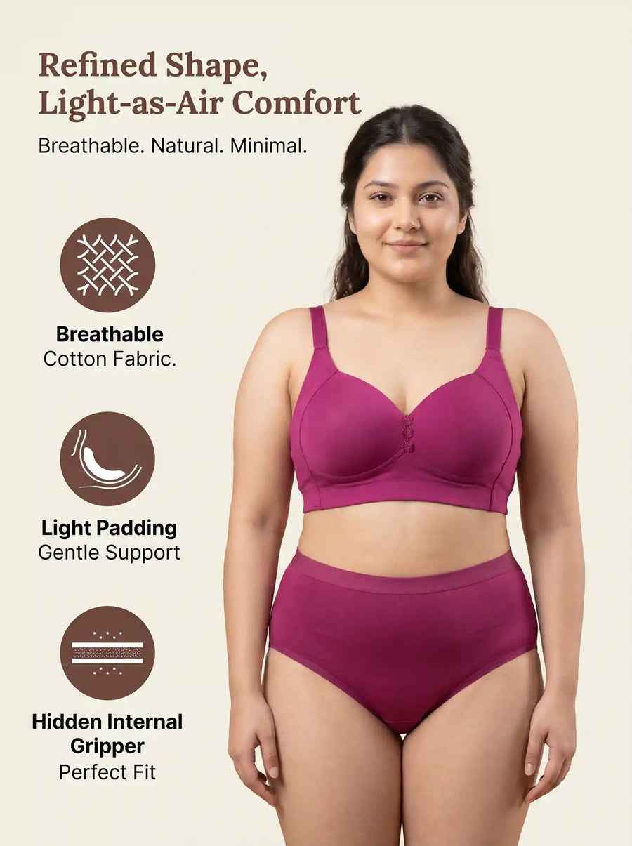 Cotton Padded M-Frame Minimiser Bonded Bra & Mid Rise Flexifit Hipster Panty Lingerie Set (TW-SB-9203&63) (Wine)