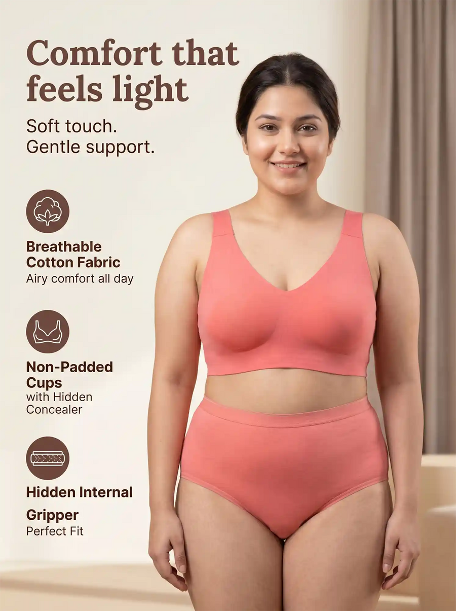Cotton Plus Size Non-Padded Bonded Bra | Full Coverage & Mid Rise Flexifit Hipster Panty Lingerie Set (TW-SB-915&63)(Coral)