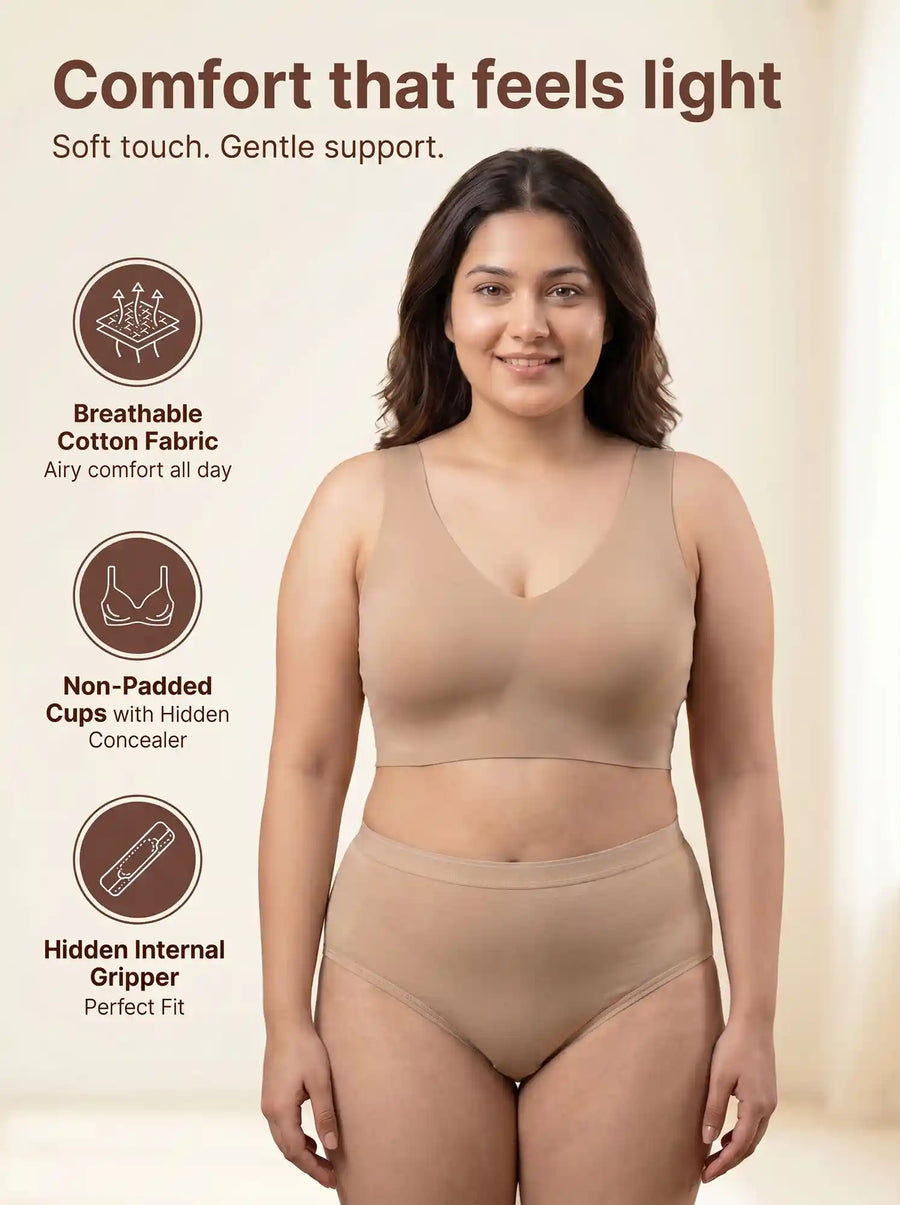 Cotton Plus Size Non-Padded Bonded Bra | Full Coverage & Mid Rise Flexifit Hipster Panty Lingerie Set (TW-SB-915&63)(Fawn)