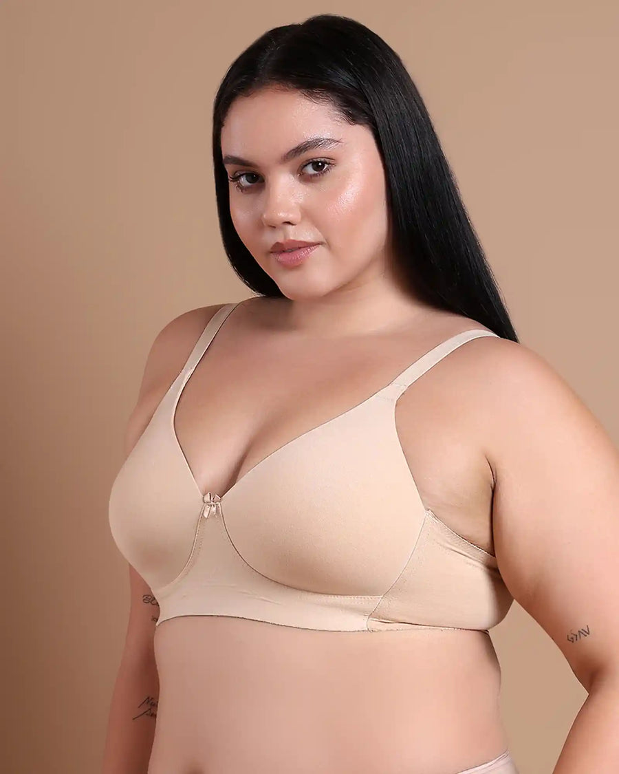 Cotton Padded Plus-Size T-Shirt Bonded Bra | Seamless Look, 360° Support & All-Day Comfort (TW-SB-9082) (Skin) (MR)