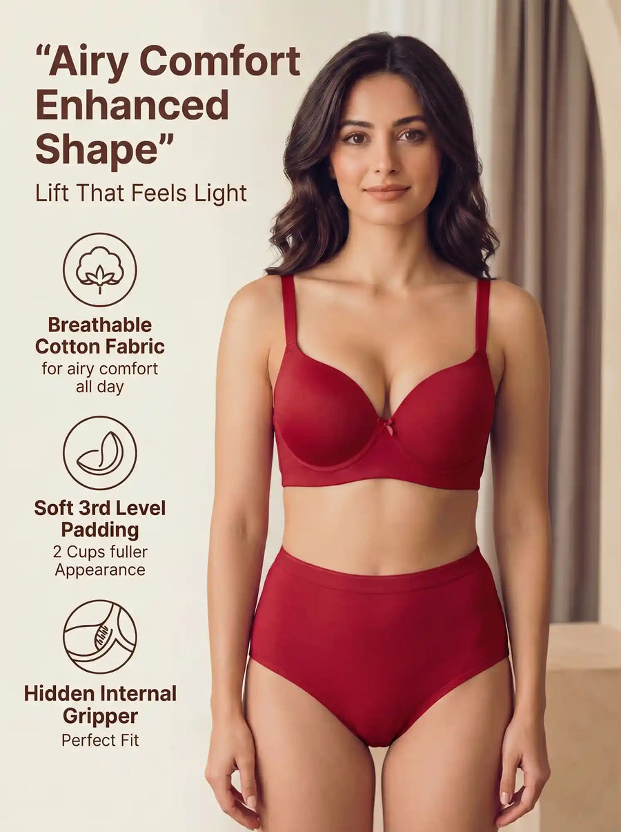 Cotton Push-Up Bonded Bra (Level-3 Padding) 3/4th Coverage & Mid Rise Flexifit Hipster Panty Lingerie Set  (TW-93510&63) (Red)