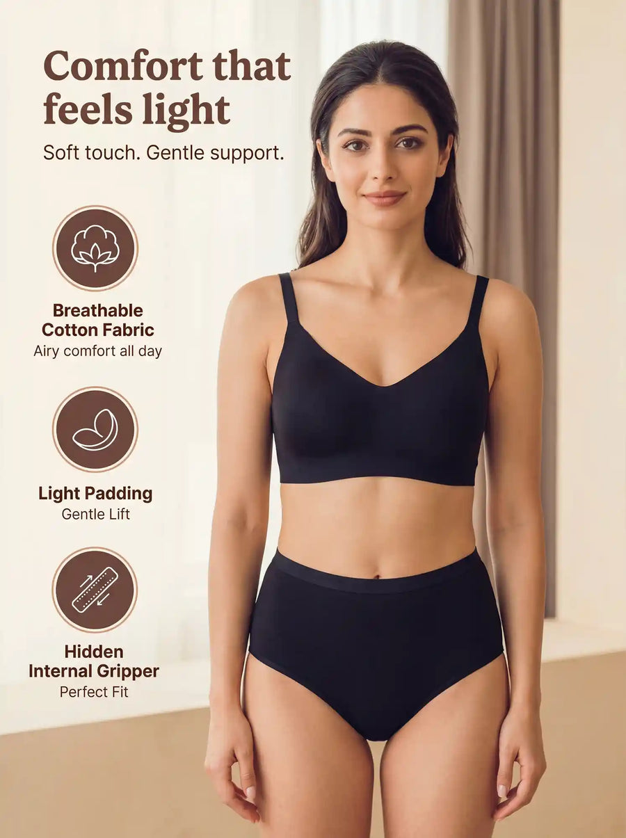 Cotton Full Coverage Padded Bonded Bra & Mid Rise Flexifit Hipster Panty Lingerie Set (TW-SB-938&63)(Black)