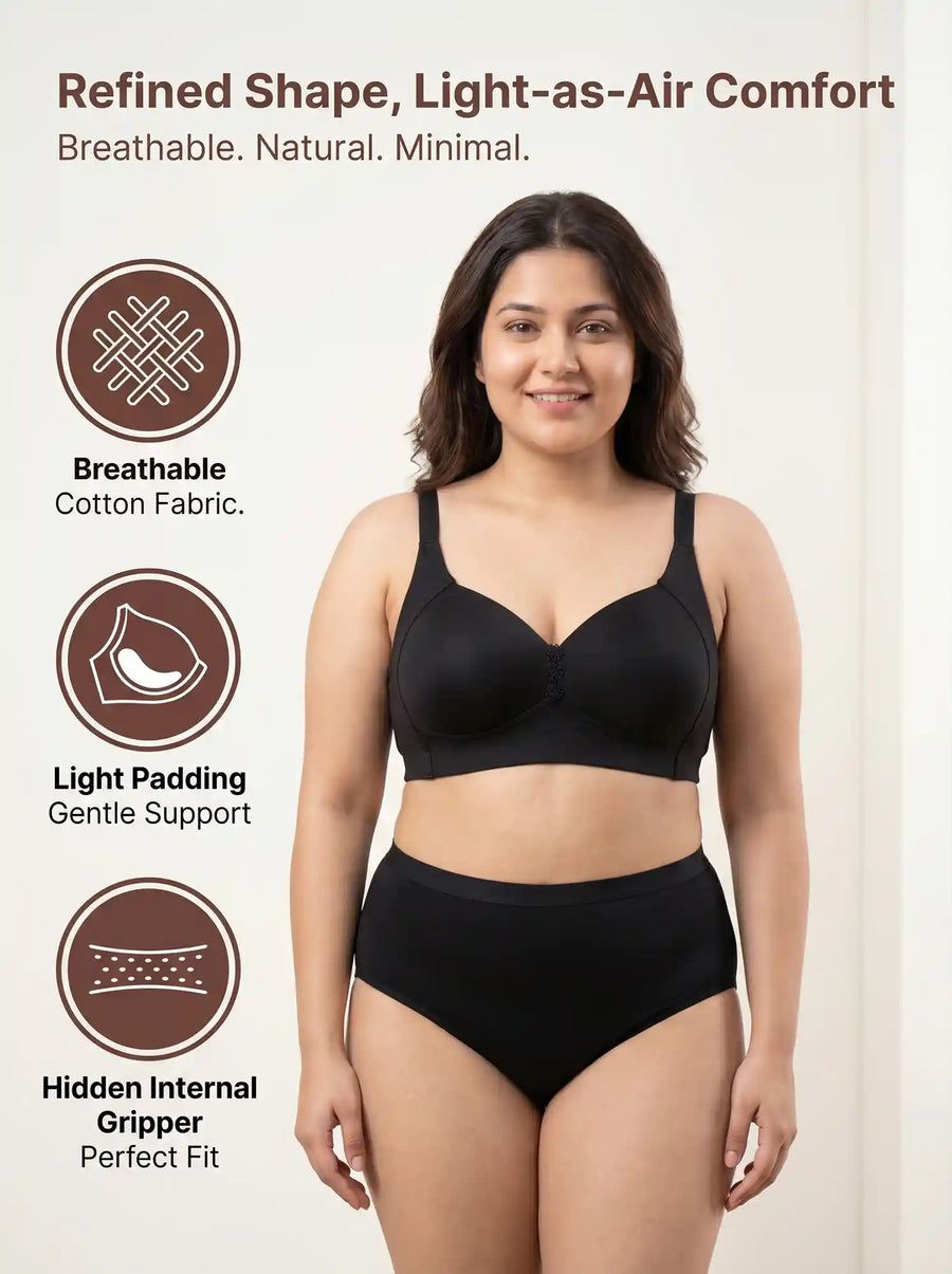Cotton Padded M-Frame Minimiser Bonded Bra & Mid Rise Flexifit Hipster Panty Lingerie Set (TW-SB-9203&63) (Black)
