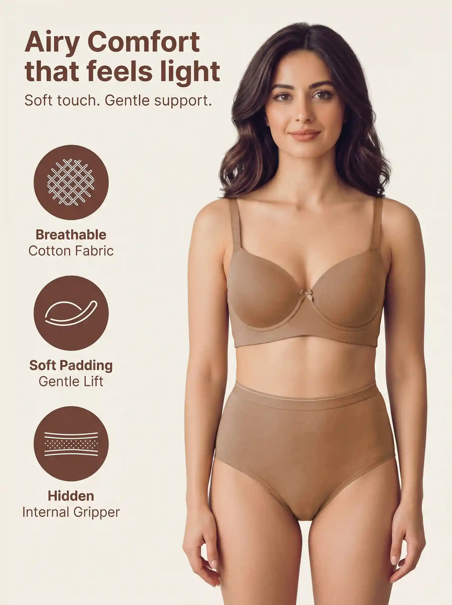 Cotton Padded Bonded Everyday T-Shirt Bonded Bra & Mid Rise Flexifit Hipster Panty Lingerie Set (TW-SB-9081-9082-SET) (Fawn)