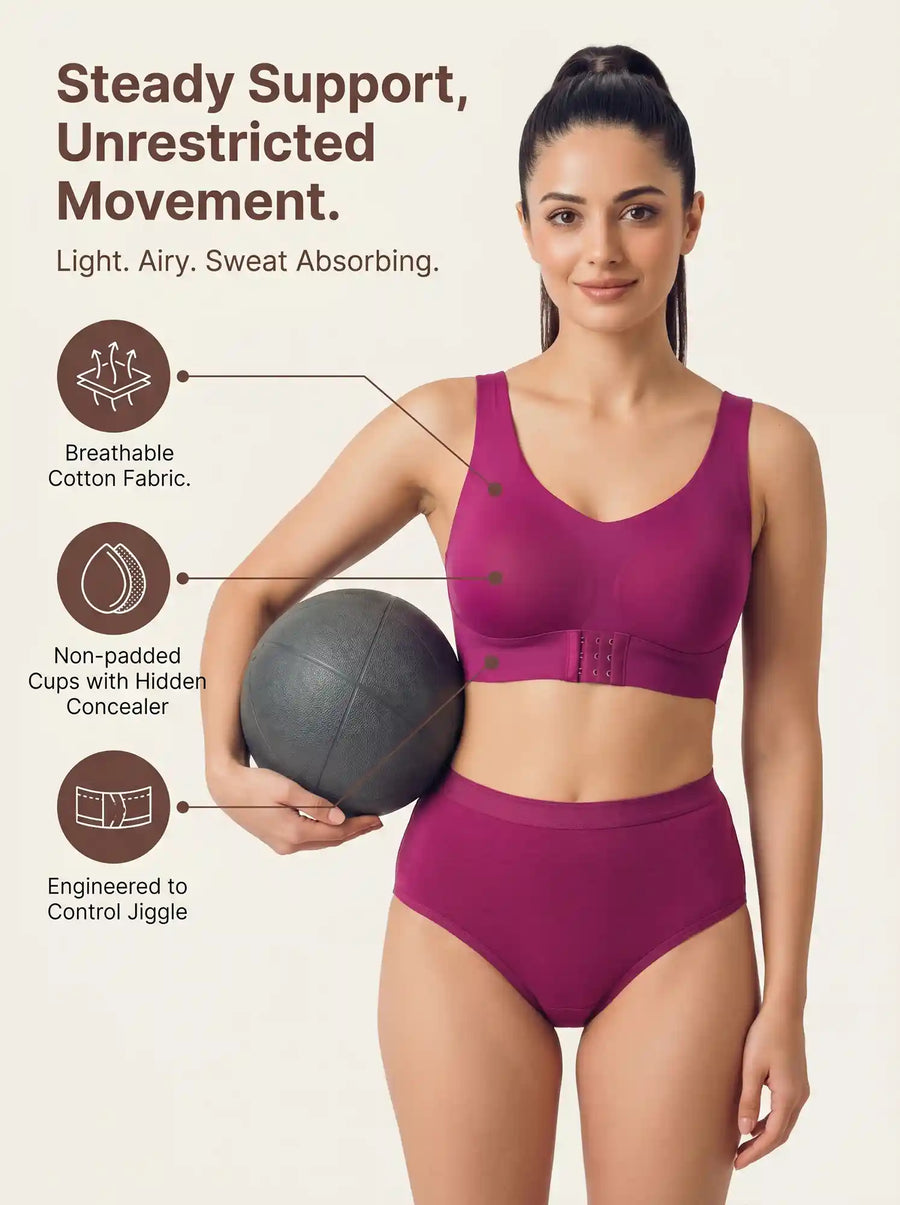 Cotton Non-Padded Bonded Gym Bra | Crisscross Back | Mid Rise Flexifit Hipster Panty Lingerie Set (TW-SB-95+63)(Wine)