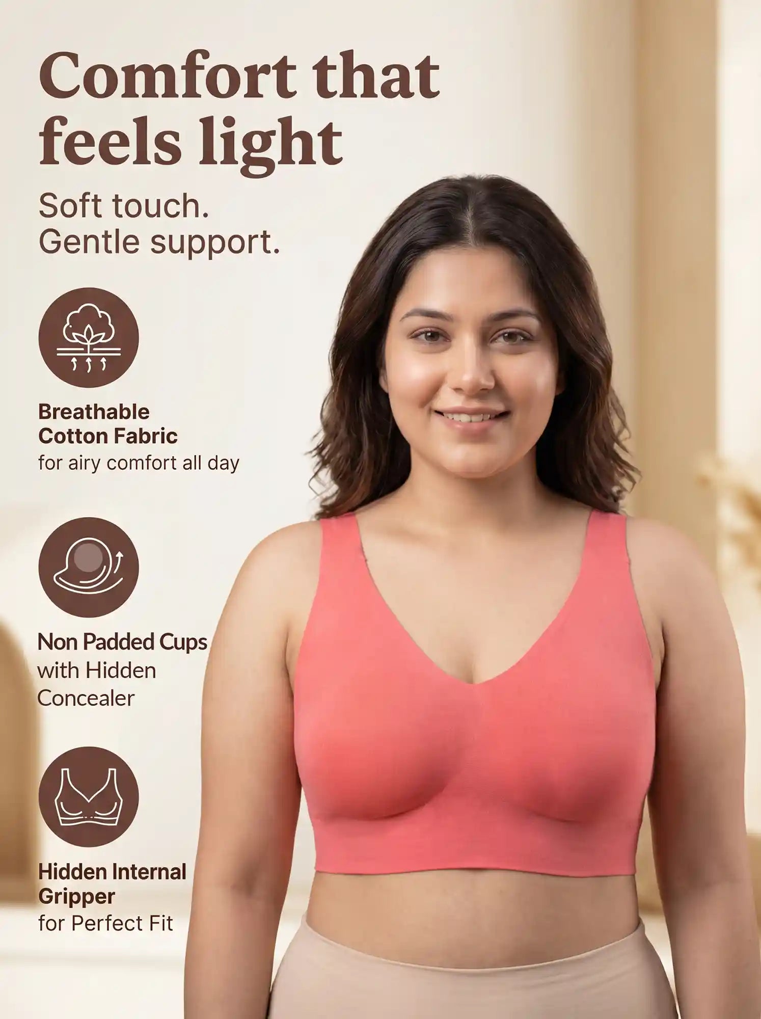 Cotton Non-Padded Plus-Size Bonded Bra with Hidden Concealer (SB-915-Coral)