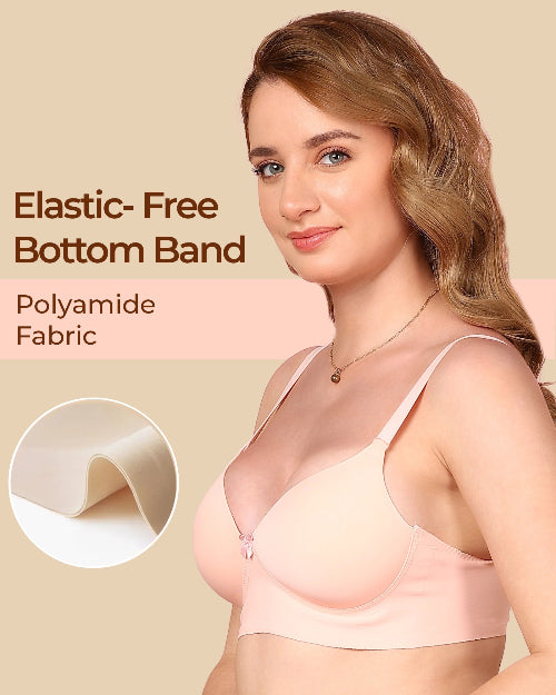 Woman wearing a beige bra with text about elastic-free bottom band and polyamide fabric.