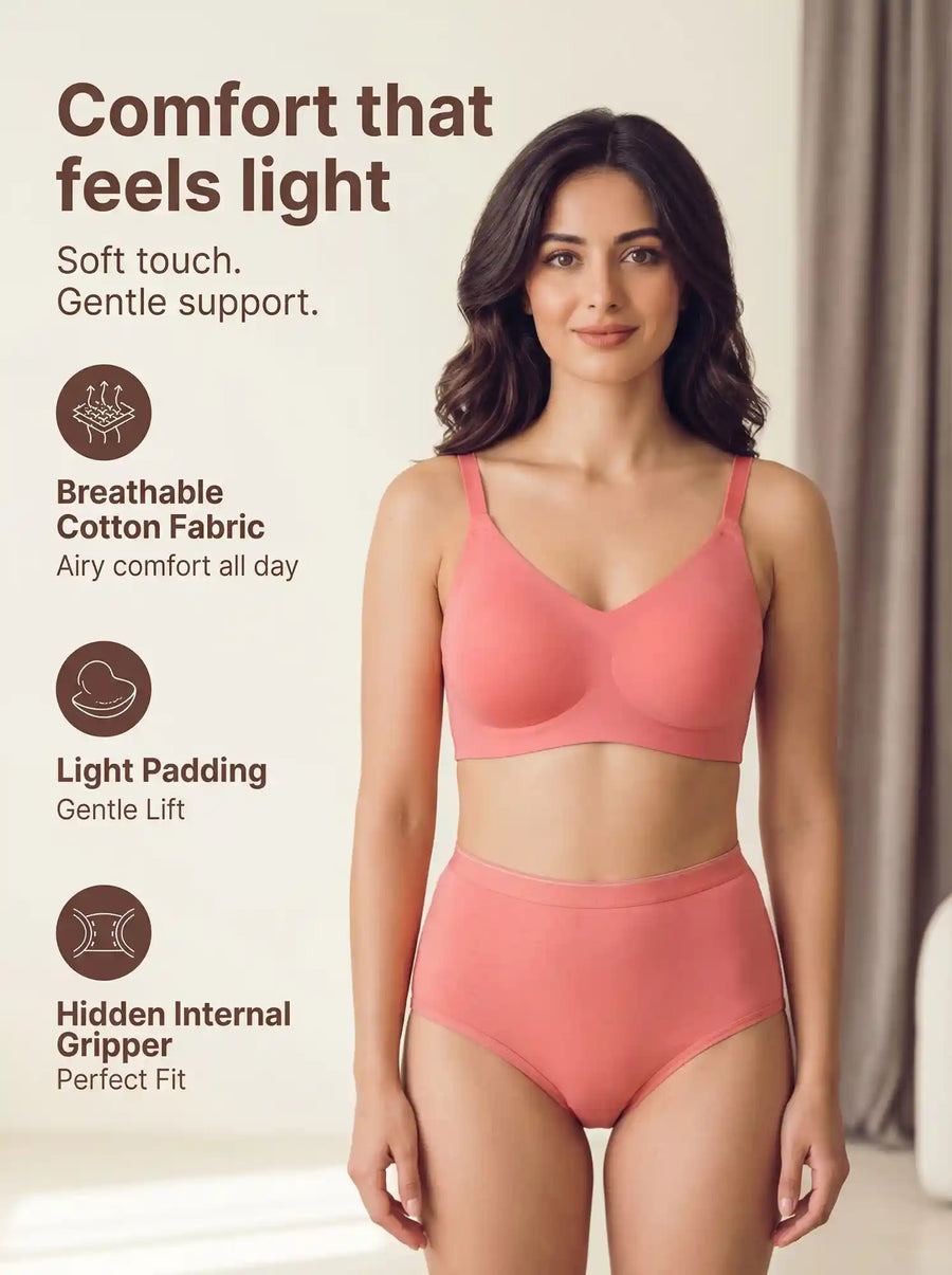 Cotton Full Coverage Padded Bonded Bra & Mid Rise Flexifit Hipster Panty Lingerie Set (TW-SB-938&63) (Coral)