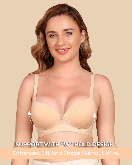 Woman wearing a beige bra with text highlighting support features on a beige background