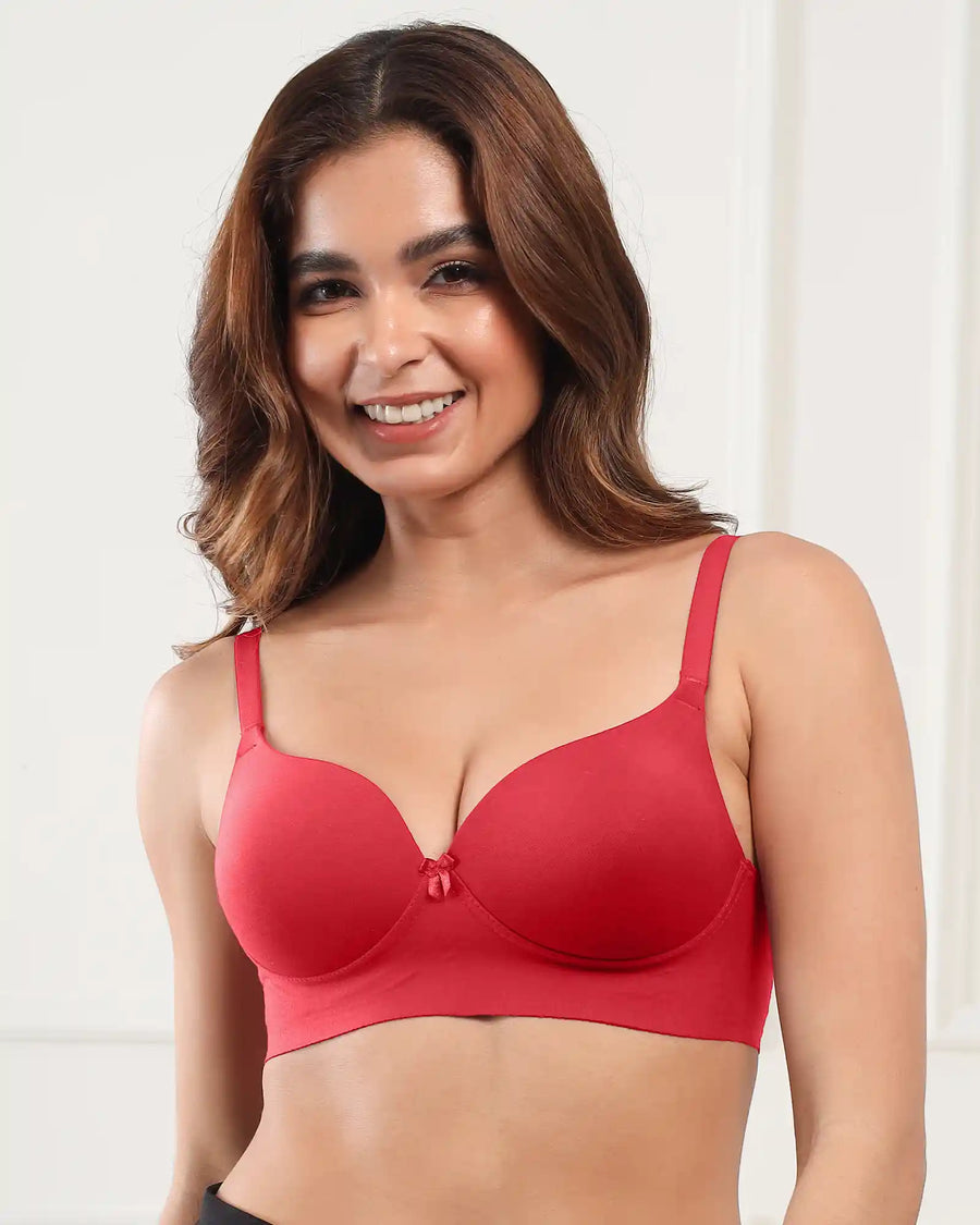 Cotton Non-wired Maximiser Push-Up Bonded Bra (Level-2 Padding) with 3/4th Coverage (SB-97015) (Red) (GB)