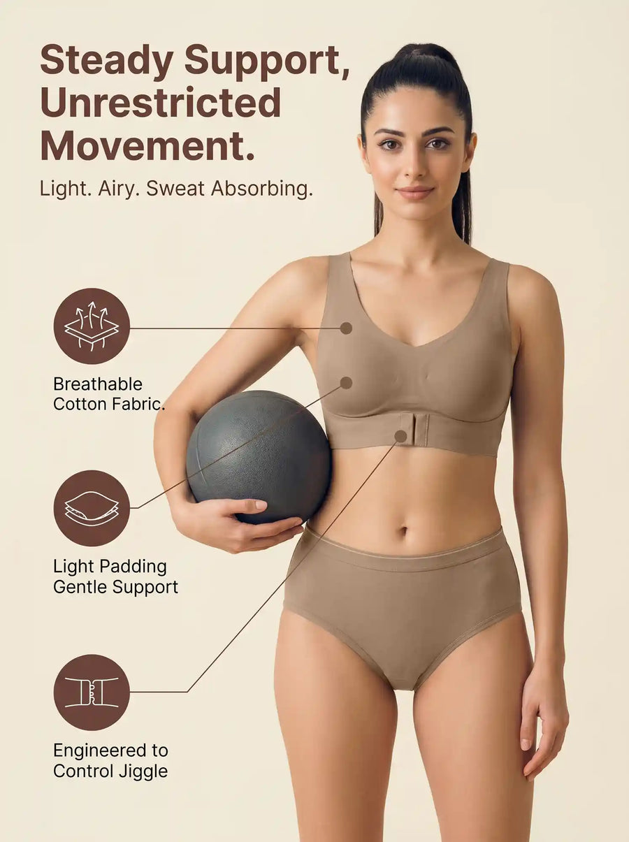 Cotton Padded Bonded Gym Bra | Crisscross Back | Mid Rise Flexifit Hipster Panty Lingerie Set (TW-SB-997+63)(Fawn)