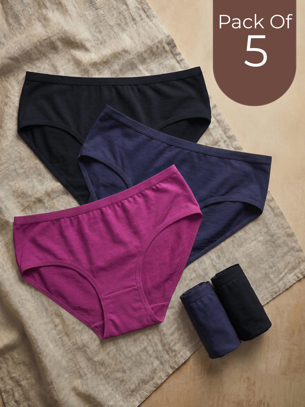 Cotton High Coverage Mid Waist Hipster Panty (Pack of 5)(TW-63)(Black 2PC+ Navy 2PC+Wine 1PC)