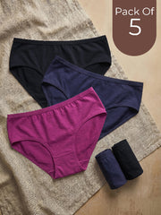 Pack of 5 women's underwear including black, purple, and navy pairs on a textured surface.