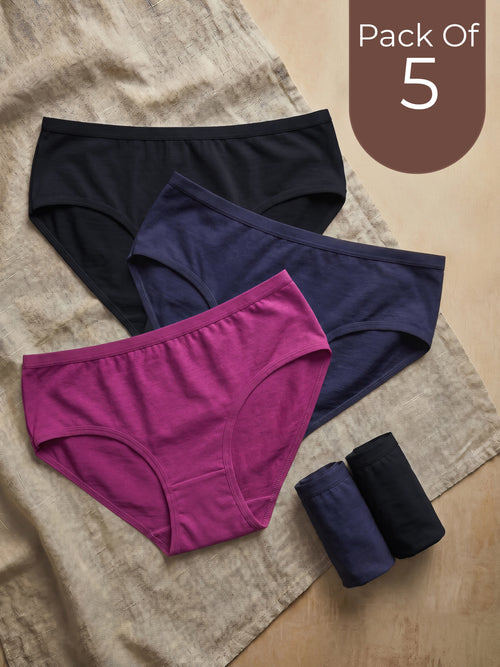 Cotton High Coverage Mid Waist Hipster Panty (Pack of 5)(TW-63)(Black 2PC+ Navy 2PC+Wine 1PC)