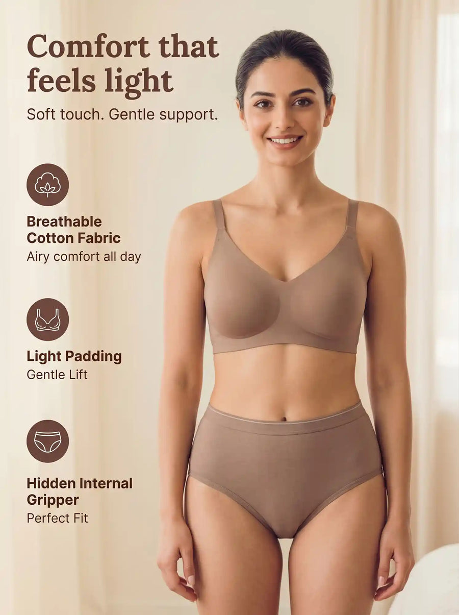 Cotton Full Coverage Padded Bonded Bra & Mid Rise Flexifit Hipster Panty Lingerie Set (TW-SB-938&63)(Fawn)