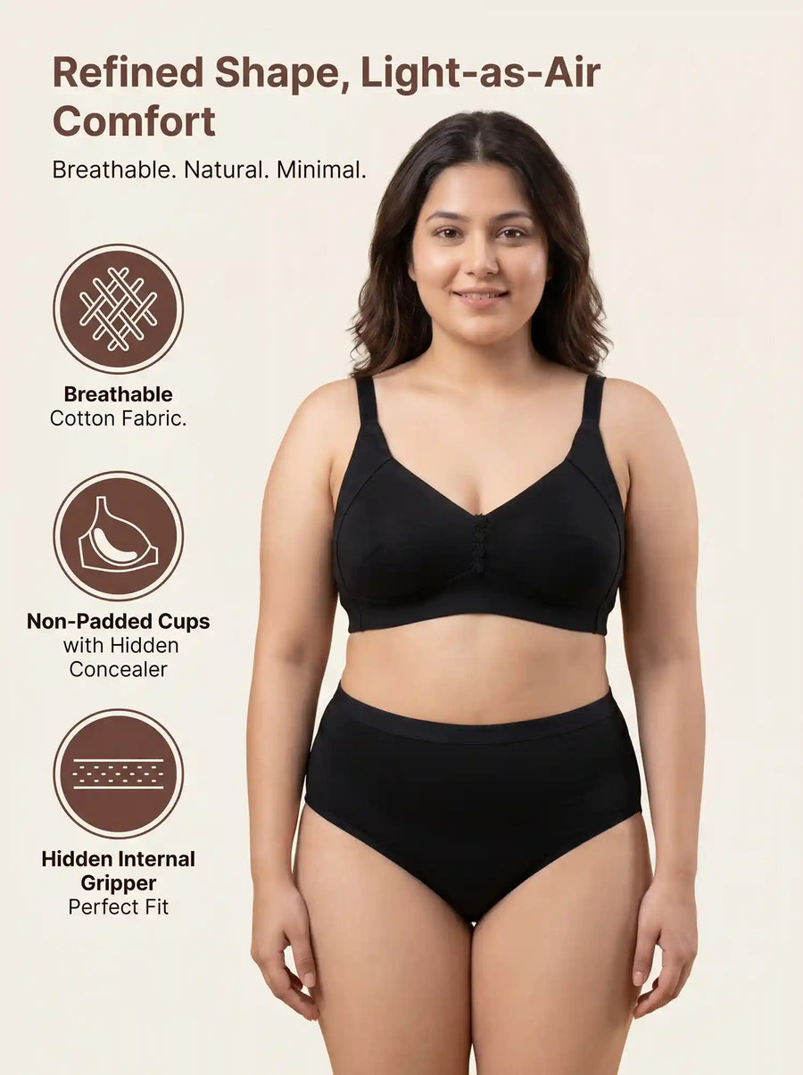 Cotton Non-Padded M-Frame Minimiser Bonded Bra & Mid Rise Flexifit Hipster Panty Lingerie Set (TW-SB-9303+63) (Black)