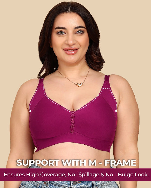 Woman wearing a purple bra with text on a beige background
