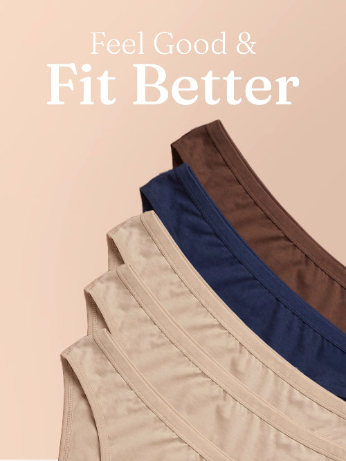 Three pairs of underwear in beige, blue, and brown on a beige background with 'Feel Good & Fit Better' text.