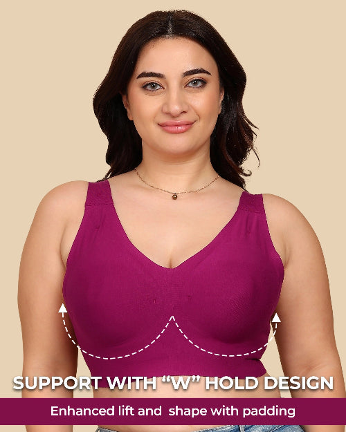 Woman wearing a purple bra with text highlighting 'W' hold design on a beige background