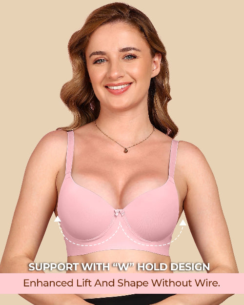 Woman wearing a pink bra with text highlighting support features on a beige background
