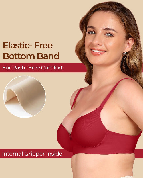 Woman wearing a red bra with text about elastic-free bottom band and internal gripper on a beige background