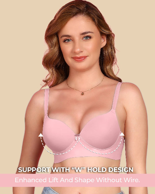 Woman wearing a pink bra with text highlighting support features on a beige background