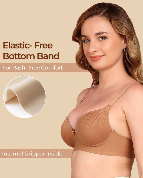 Woman wearing a brown bra with text about elastic-free bottom band and internal gripper.
