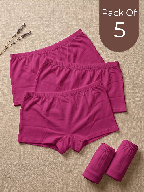 Pack of 5 pink boxer briefs on a beige background with lavender sprigs.