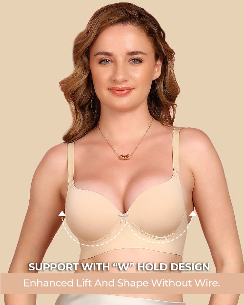 Woman wearing a beige bra with text highlighting support features on a beige background