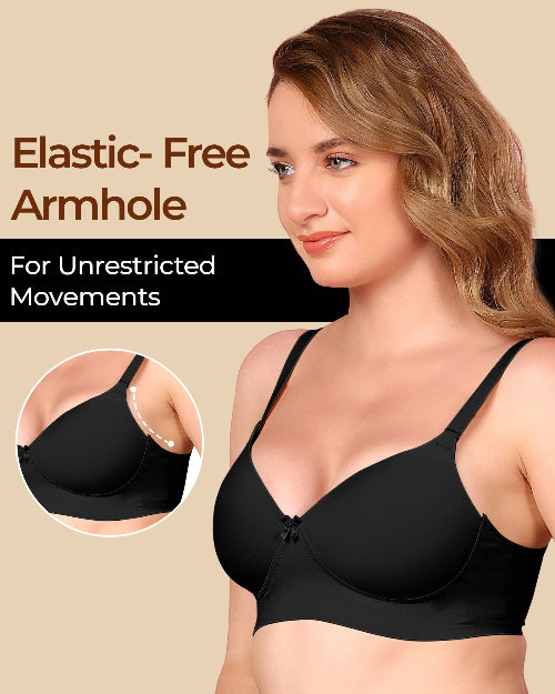 Woman wearing a black bra with 'Elastic-Free Armhole' text and inset showing armhole design.