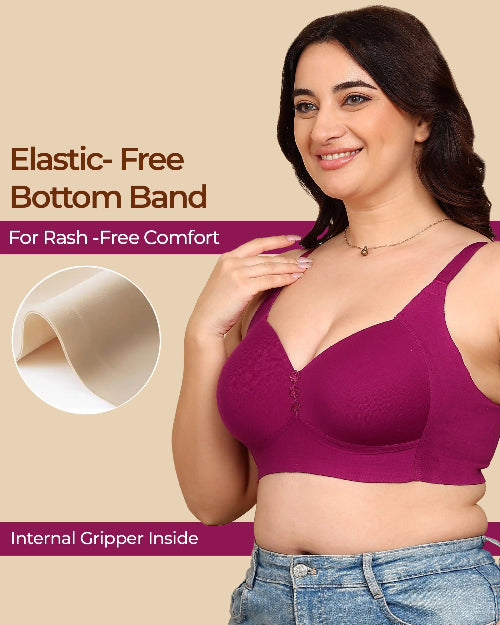 Woman wearing a purple bra with text about elastic-free bottom band and rash-free comfort.