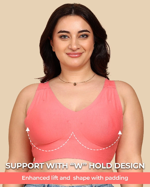 Woman wearing a pink bra with text highlighting support design on a beige background