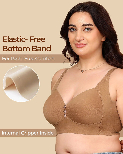 Woman wearing a brown bra with text about elastic-free bottom band on a beige background