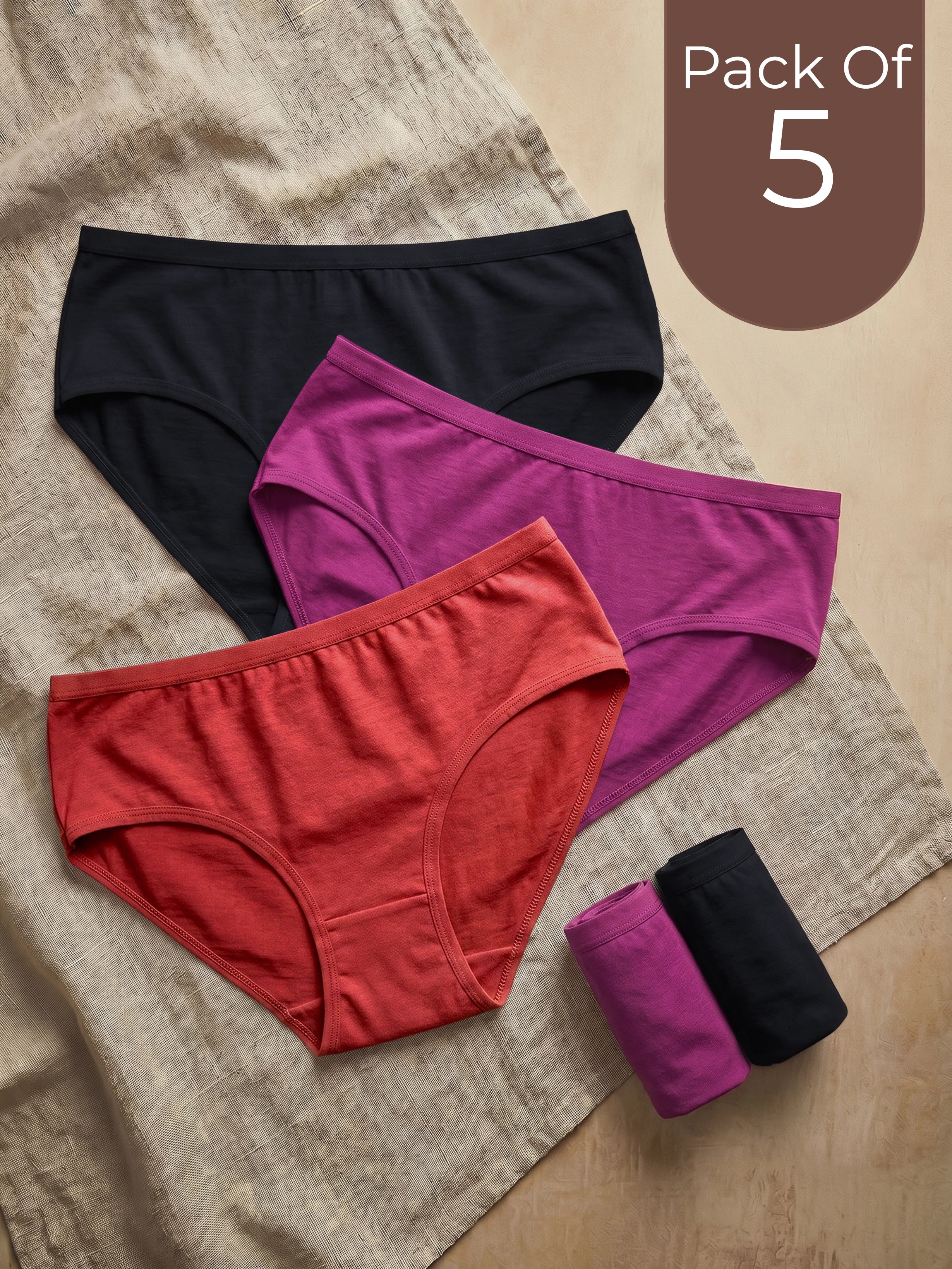 Cotton High Coverage Mid Waist Hipster Panty(Pack of 5)(TW-63)(Black 2PC+Wine 2PC+Red 1PC)