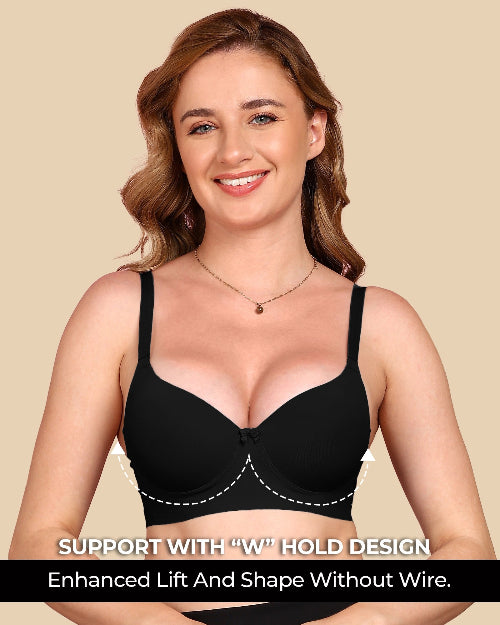 Woman wearing a black bra with text highlighting support features on a beige background