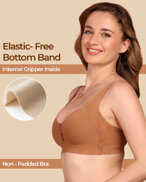 Woman wearing a brown non-padded bra with text about elastic-free bottom band and internal gripper.