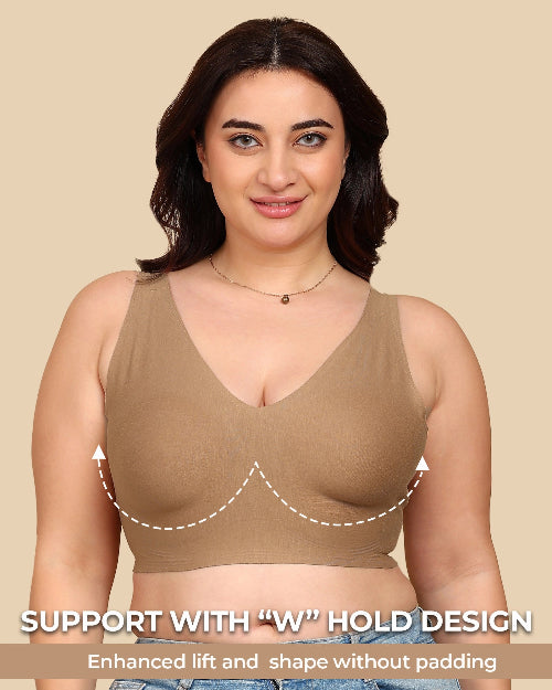 Woman wearing a brown bra with text highlighting support design on a beige background