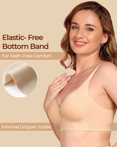Woman wearing a beige compression garment with text about elastic-free bottom band and rash-free comfort.