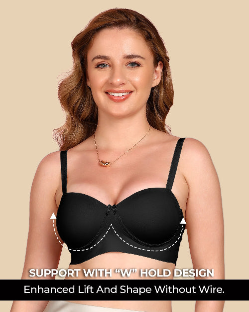 Woman wearing a black bra with text highlighting support features on a beige background